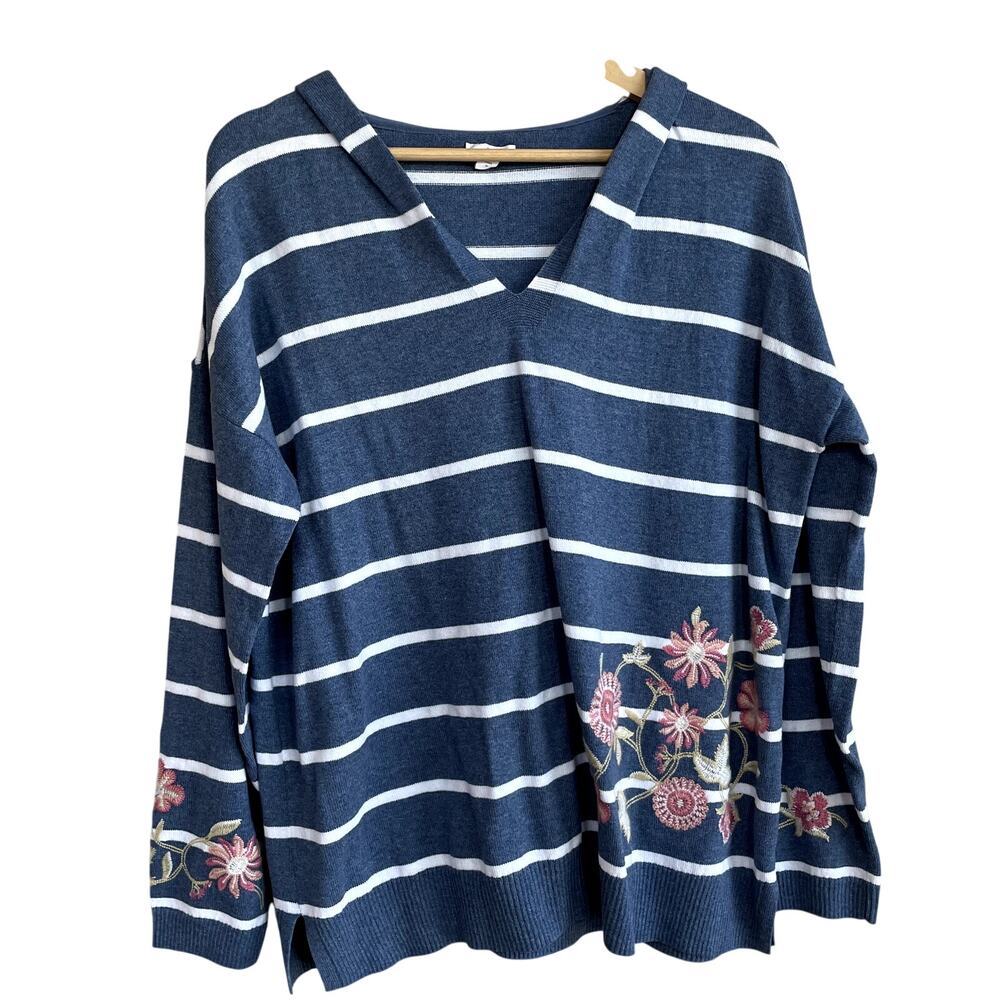 J.Jill blue white v-neck oversized hooded sweater embroidered flowers women's M